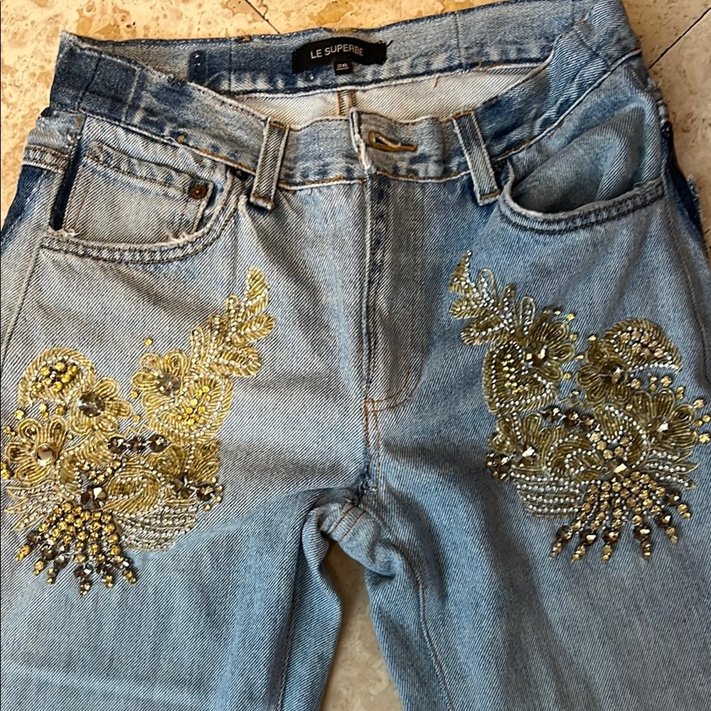 Le Superbe Blue Ankle Cropped Jeans with Distressing and Gold Embroidery